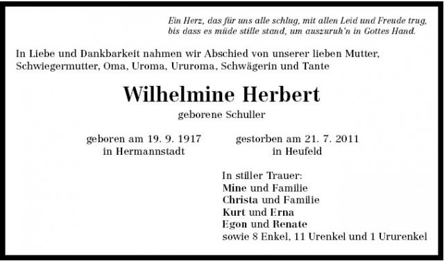 Schuller Wilhelmine 1917-2011 Todesanzeige